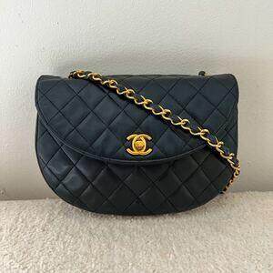 Chanel Black Quilted Lambskin Vintage Crescent Flap Bag